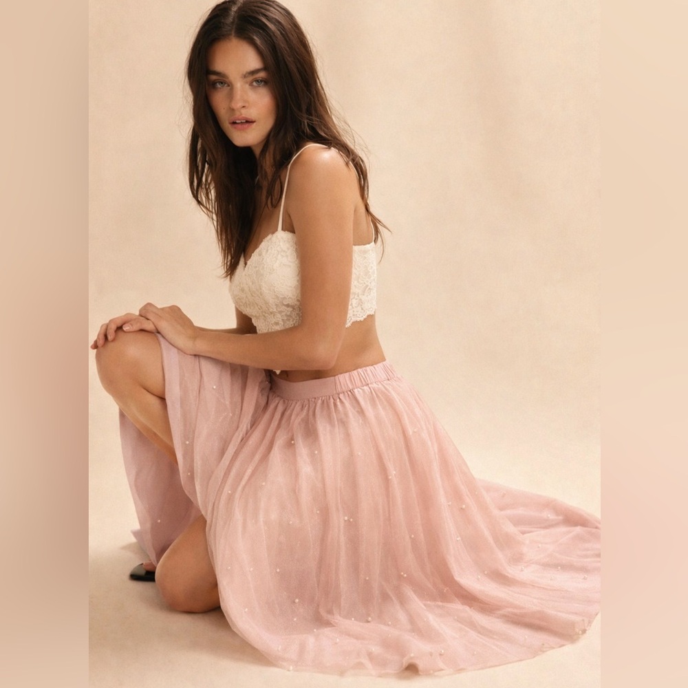 Blush Pink Pearl Tulle Midi Skirt XL Romantic Cottagecore NWT